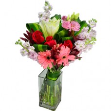 Gerberas, Roses, Lily in Square Vase